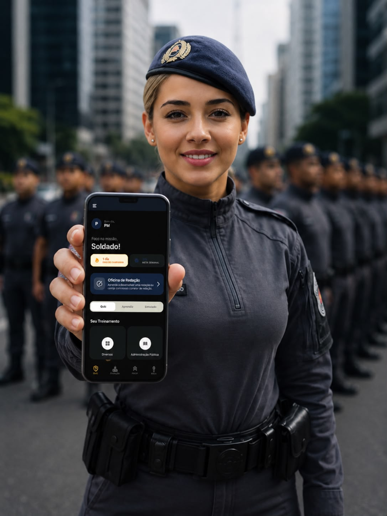 Policial militar usando o app Militarzando